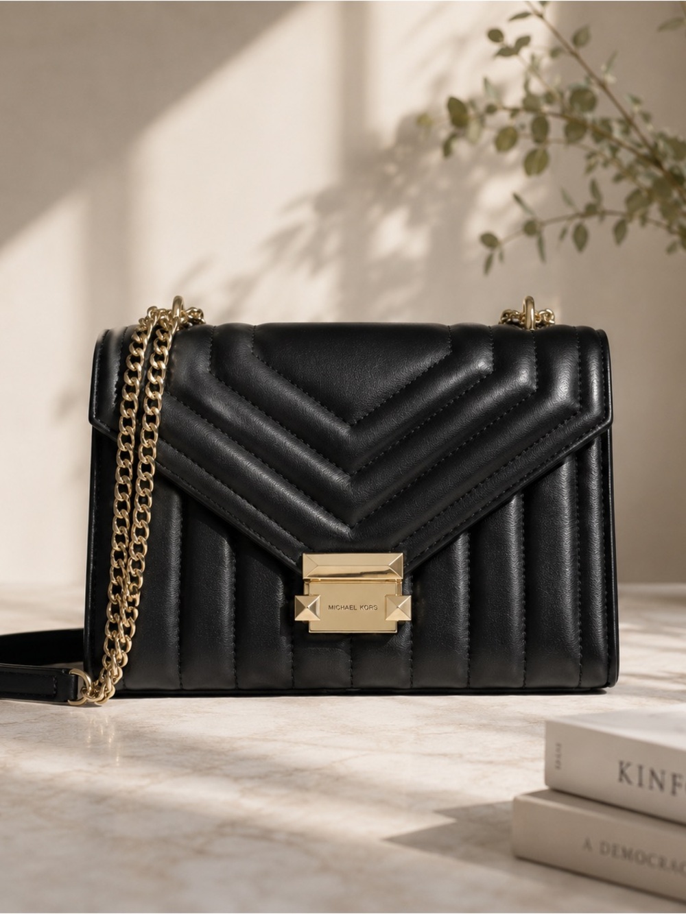 NWT Michael Kors Whitney Black Quilted Shoulder Bag Gold Chain Christmas Gift
